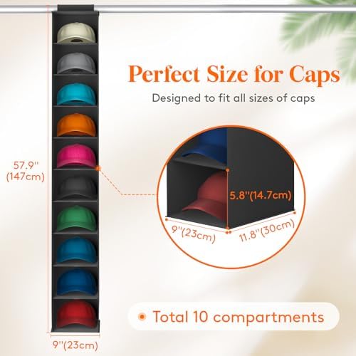 Lifewit 10 Section Hanging Hat Organizer for Baseball Caps, Black, 1 Pack - Image 2