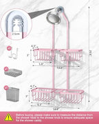 Adjustable Shower Caddy Hanging for Handheld Showerheads - Never Rust Shower Hanging Organizer, Upgraded Bathroom Shower Rack with Soap Basket, Hooks and Toothbrush Holder (Pink) - Image 2