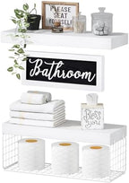 QEEIG ‎Bathroom Shelves Over Toilet - Paper Storage Wall Mounted Farmhouse Decor Decorations Aesthetic Décor Sign Small Floating Shelf 2+1 Set 16 inch, White (020WW) by QEEIG