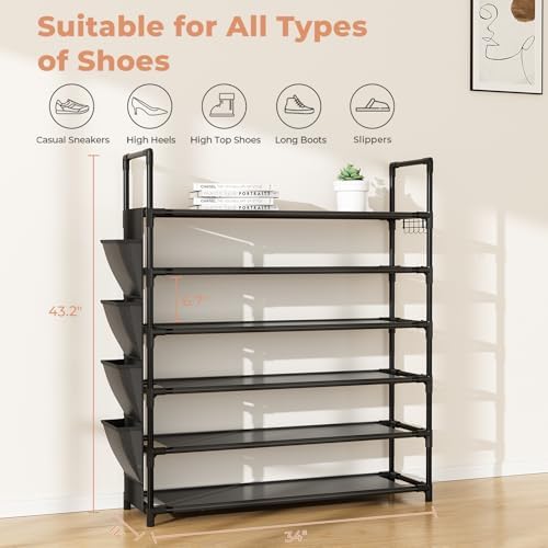 LANTEFUL 6 Tier Shoe Rack, Shoe Organizer Storage for 24-30 Pairs Shoe and Boot, Long Shoe Shelf with Hook and Side Pocket Free Standing Tall Shoe Rack Organizer for Closet, Entryway, Dorm - Image 3