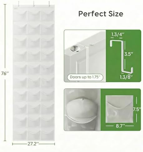 Baseball Hat Rack, 24 Pocket Over-The-Door Hat Organizer with Clear Deep Pockets to Display Baseball Caps Collection, Complete with 3 Over Door Hooks (White, 30 Pockets) - Image 2