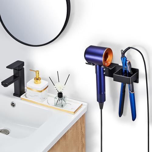 Hair Dryer and Straightener Holder Wall Mounted, Metal Adhesive Hair Tool Organizer for Blow Dryer, Curling Iron, Flat Iron, Bathroom Vanity Salon Barber Shops (Black) - Image 3