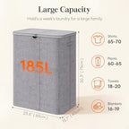 Lifewit 185L 3 Section Laundry Hamper with Lid, Laundry Basket, Light Gray - Image 2