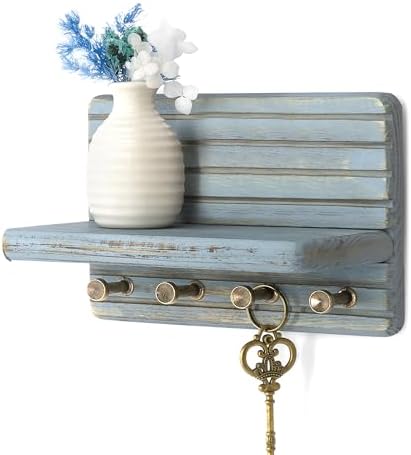 Rebee Vision Key Holder Wall Mount with Shelf & 4 Hooks for Entryway, Blue by REBEEVISION