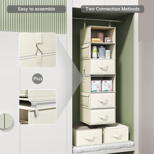 6-Shelf Hanging Closet Organizer with 3 Drawers, 2-in-1 Design, Beige | Converts into Two 3-Shelf Organizers, Foldable Drawers, Side Pockets, Ideal for Wardrobe, Nursery, Dorm & Closet Storage - Image 6
