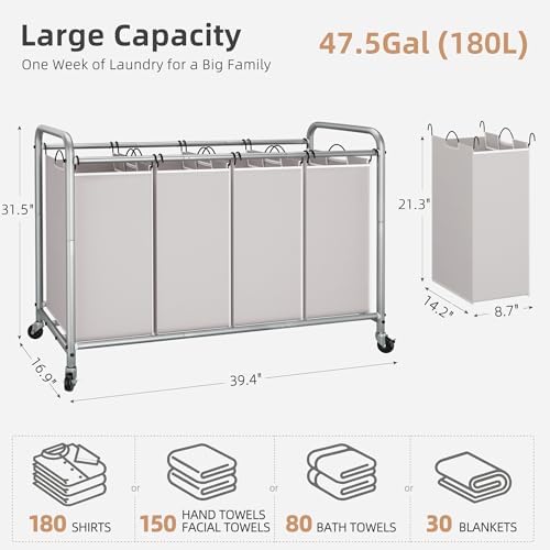 STORAGE MANIAC Laundry Sorter 4 Section, 47.5 Gal (180 L) Laundry Hamper with Wheels, Clothes Divider Basket Sorter, Separator Hamper Cart with Removable Bags, Gray (Pack of 2) - Image 5