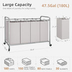 STORAGE MANIAC Laundry Sorter 4 Section, 47.5 Gal (180 L) Laundry Hamper with Wheels, Clothes Divider Basket Sorter, Separator Hamper Cart with Removable Bags, Gray (Pack of 2) - Image 5
