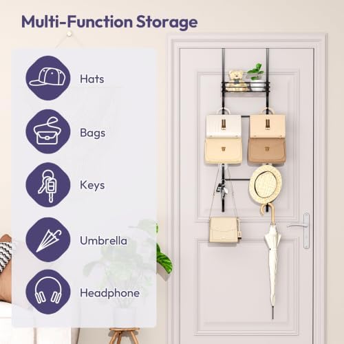 SWTYMIKI Over the Door Purse Organizer - Wall Mounted Handbag Organizer with 10 Hooks and Metal Basket, Hanging Purse Storage Rack Holds up to 10 Bags, Bag Rack Can Use As 1/2 Part, for Door, Closet - Image 3