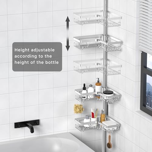 KEGII SUS304 Corner Shower Organizer, Tension Pole Bathtub Caddy, Silver - Image 2