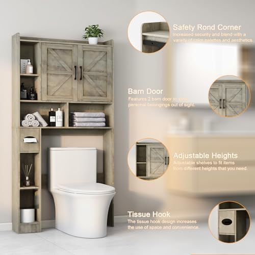 Vabches Over The Toilet Storage Cabinet with 2 Barn Doors, Grey - Image 3