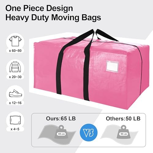 VELVETSURE 12 Pack Heavy Duty Large Moving Bags W/Backpack Straps - Strong Handles & Zippers, Storage Totes For Space Saving, Fold Flat, Alternative to Moving Box and Storage Bin, Pink - Image 5
