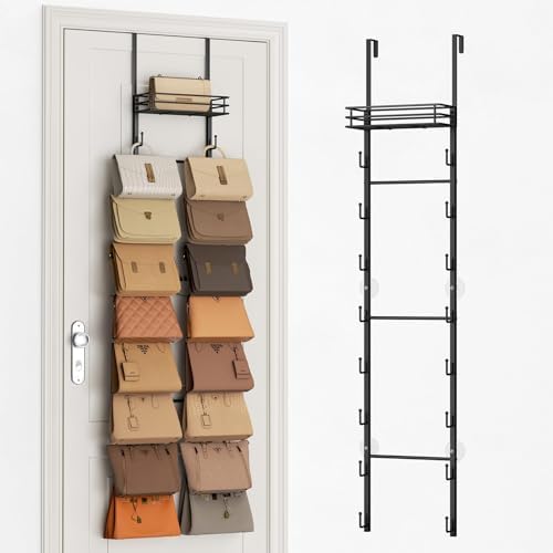 SWTYMIKI Over the Door Purse Organizer - Wall Mounted Handbag Organizer with 16 Hooks and Metal Basket, Hanging Purse Storage Rack Holds up to 16 Bags, Bag Rack Can Use As 1/2 Part, for Door, Closet by SwtyMiki-TidyHomeSweetLife