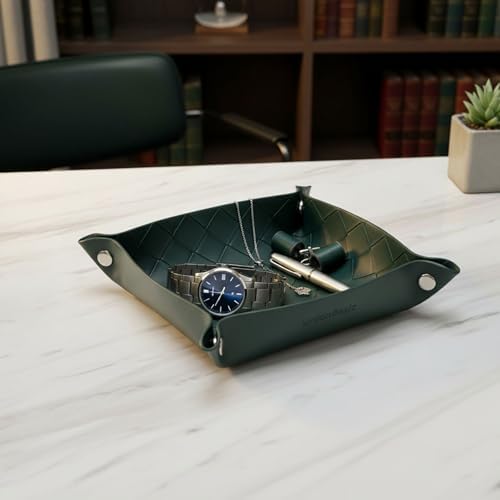 UnionBasic Small Valet Tray, Jewelry Tray for Rings Watches Earrings, Entryway Catchall Caddy for Coins Keys Change, Nightstand Bedside Valet Holder, Trays for Electronic Gadgets, Woven Vintage Green - Image 4