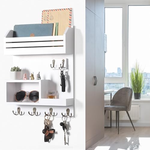 Key Holder for Wall, Wall Mounted Mail Organizer with 6 Metal Key Hooks, Key Racks for Home Entryway Decor, Luxury White - Image 6