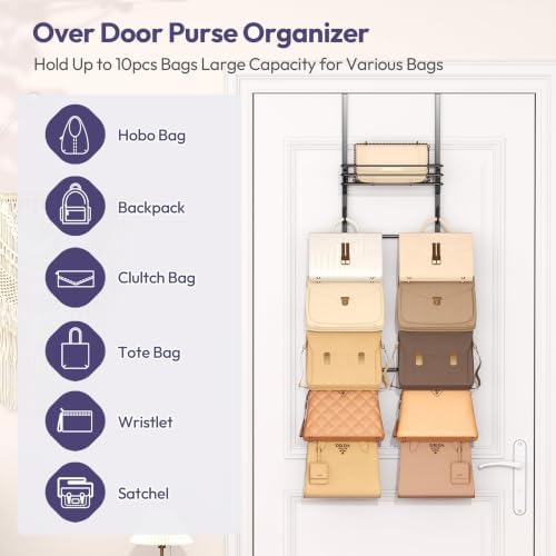 SWTYMIKI Over the Door Purse Organizer - Wall Mounted Handbag Organizer with 10 Hooks and Metal Basket, Hanging Purse Storage Rack Holds up to 10 Bags, Bag Rack Can Use As 1/2 Part, for Door, Closet - Image 2