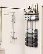 Aetyord Towel Racks for Bathroom - Wall Mounted Metal Rack with Wood Plank, Bathroom Storage Organizer, Towel Holder Stores 6 Large Rolled Towels Easily, Black with Wood Plank - Image 3