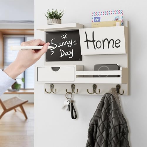 Farmhouse Key Holder for Wall with Mail Organizer - Easy Installation Wall Mount Organizer, Includes Chalkboard, Drawer, Wallet Holder & 4 Double Hooks, Ideal for Entryway, Quick Access - White - Image 3