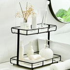 Bathroom Organizer Countertop Perfume Organizer Makeup Organizer Cosmetics Storage Display Rack Vanity Tray Dresser Stainless Steel Gold Shelf White Marble Ceramic Tray (2 Tier L-Black) by Dobbyby