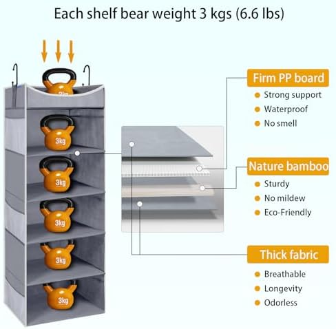 5-Shelf Hanging Closet Organizer and Storage with Side Pockets, Collapsible Closet Hanging Shelves for Storage, Grey - Image 3