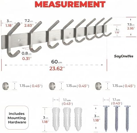 Coat Rack Wall Mount – Brushed Nickel 24 Inch Stainless Steel Hook Rail with 8 Heavy Duty Double Coat Hooks – Wall Mounted Coat Hanger for Entryway, Bathroom, Bedroom, Towel, Hat Organizer - Image 2