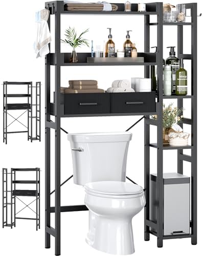 Besiost Over The Toilet Storage, 7 Tier Bathroom Organizer with Reversible Side Shelf and 2 Fabric Drawers, Adjustable Freestanding Rack Space Saver for Small Spaces, Black by Besiost
