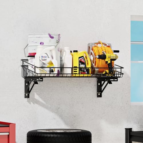 ULIBERMAGNET Large Folding Garage Shelf,Heavy Duty Wire Basket Storage Shelving,400LB Wall Mounted Storage DIY Folding Utility Racks for Garage, Office, Basement, Closet, Kitchen, Laundry - Image 5