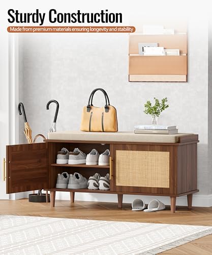 Akxomel 39.4" Rattan Shoe Storage Bench 2 Doors Entryway Bench Walnut - Image 2