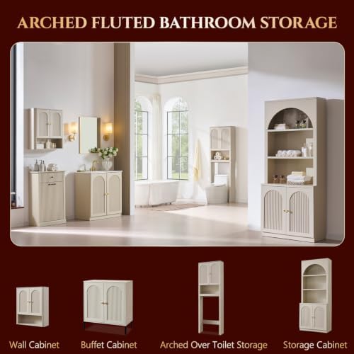 Bathroom Fluted Arched Wall Cabinet, 23.6''W Wood Medicine Cabinet, Cream - Image 6
