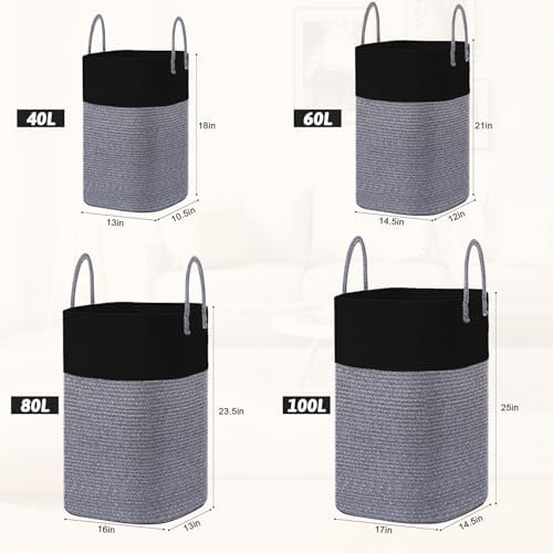 Laundry Basket,Woven Cotton Rope Laundry Hamper,Versatile Storage for Dirty Clothes,Baby Toys,and Blankets in Bathroom, Nursery,and Living Room (Black, 60L) - Image 3
