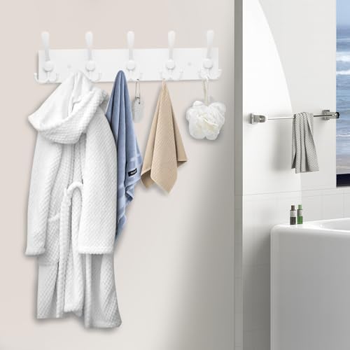 Kuhome Coat Rack Wall Mount Coat Hooks Wooden Hat Rack for Wall Hooks Pine Real Wood Plank 16.9" White Coat Hanger with 5 White Triple Hooks for Hanging Coat Hat Jacket - Image 6