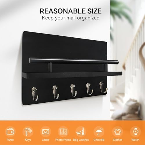 Key Holder Wall Mount with Shelf & 5 Sturdy Hooks, Rustic Mail Organizer Hanging Dog Leash, Glasses, Wooden Key Hanger with Mounting Hardware - Image 3