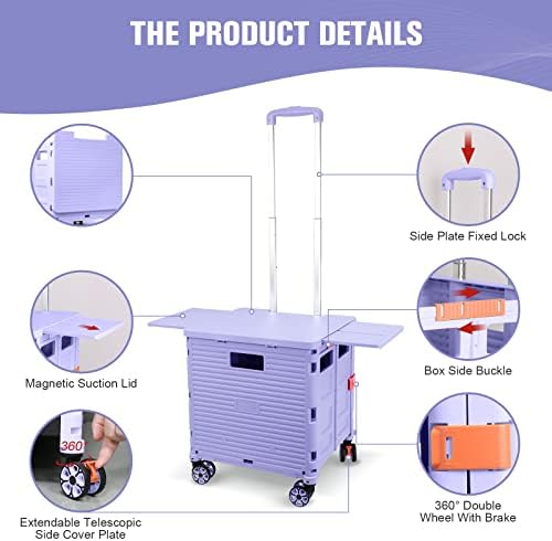 Foldable Utility Cart Folding Portable Rolling Crate with Magnetic Extended Lid,360°Rotate Wheels,176LBS Load Capacity,Heavy Duty Durable Dolly Cart for Teacher Tourist Shopping Office Outdoor - Image 3