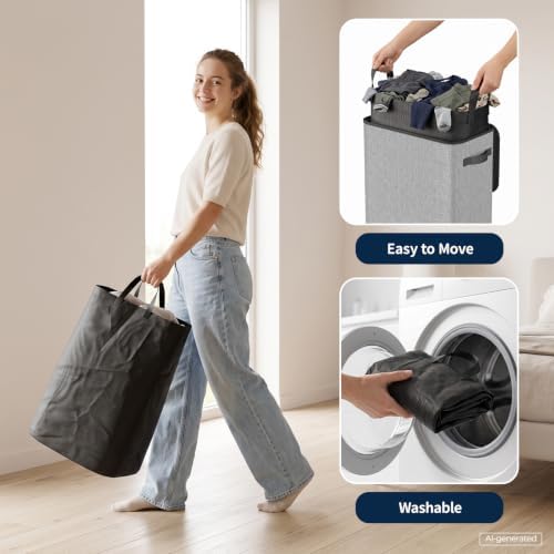 Yecaye Slim Laundry Hamper with Lid, 75L, Black-Gray - Image 6