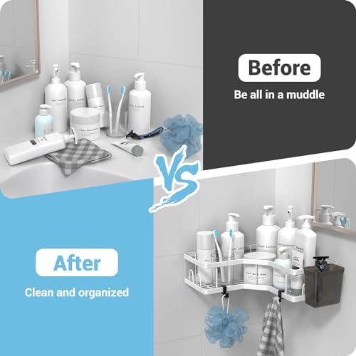 AKTECKE Shower Caddy Corner Organizer Shelf: 2Pack Adhesive Shower Essentials Accessories - No-Drilling Stainless Steel Bathroom Storage Rack with Hooks - Image 5