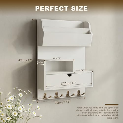 Rebee Vision Pine Wood Key Holder Wall Mount with Shelf & Drawer, White - Image 2