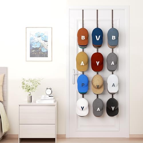 HapiRm Over Door Hat Rack - 3 Packs Hat Organizer with 12 Hooks Design, Hanging Baseball Cap Organizer Storage Holds Up to 60 Caps for Door, Bedroom, Closet (Brown) - Image 5