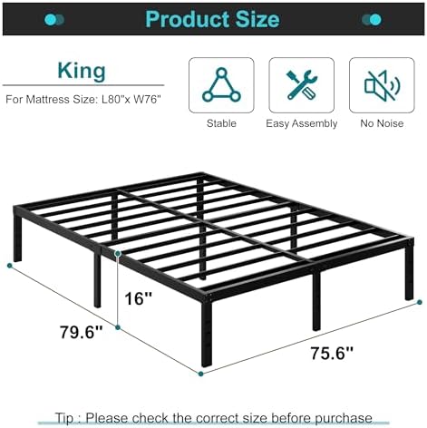 Maenizi 16 Inch King Bed Frame, Heavy Duty Metal Support Up to 3000 lbs - Image 2