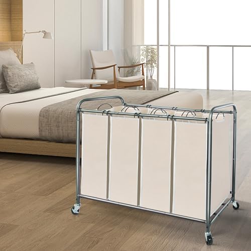 STORAGE MANIAC Laundry Sorter 4 Section, 47.5 Gal (180 L) Laundry Hamper with Wheels, Clothes Divider Basket Sorter, Separator Hamper Cart with Removable Bags, Beige - Image 6