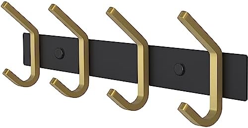 Coat Rack Wall Mount – Black and Gold Hook Rail with 4 Double Coat Hooks, 12 Inch Stainless Steel Wall Hooks for Entryway, Bathroom, Bedroom, Closet, Towel, Hat, Bag, Heavy Duty Organizer by SAYONEYES