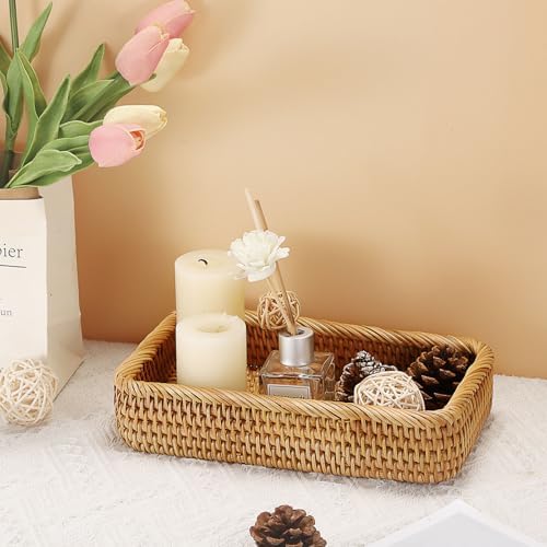 Hipiwe Natural Rattan Tray Key Basket for Entryway Rectangle Wicker Trays - Image 4