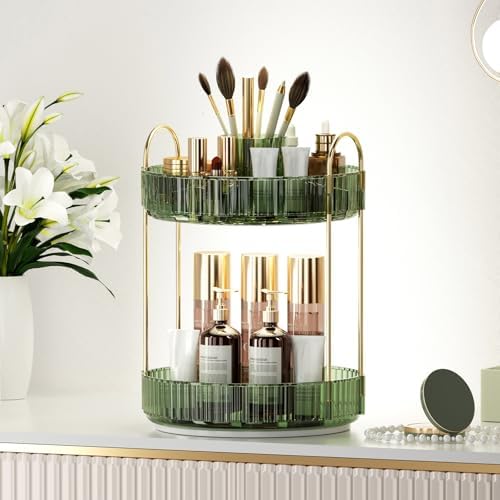 360° Rotating Makeup Organizer, Upgraded 2 Tier Skincare Perfume Organizers for Women, Bathroom Organizer Countertop, Clear Cosmetic Dresser Organizer with Makeup Brush Holder, Sink&Counter (Green) - Image 6
