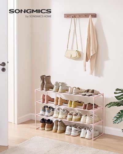 SONGMICS Shoe Rack, 3-Tier Shoe Organizer, Metal Storage Shelf | for Entryway, Upright or Upside Down, for 16-20 Pairs, Stackable, 11.8 x 36.2 x 21.7 Inches, Jelly Pink ULSA303S01 - Image 2