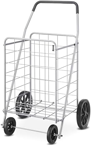 Whitmor Deluxe Utility Foldable Shopping Cart with Wheels, 100 Lb Capacity, Heavy Duty Grocery Cart with Steel Frame, Foam Handle, Rolling Folding Utility Trolley for Grocery, Laundry, Travel, Gray by Whitmor