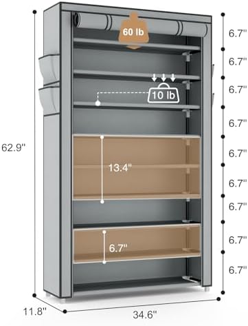 VILICK Shoe Rack with Cover Narrow Shoe Organizer with Pockets 10 Tier Tall Shoe Storage Holds 36-41 Pairs Shoes and Boots Shoe Rack for Closet Entryway Garage, Grey - Image 3