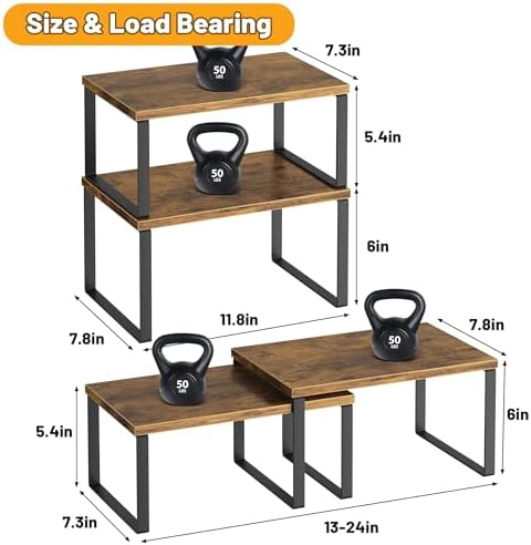 Kitchen Cabinet Organizer Shelf Set of 4, Sturdy Kitchen Counter Shelves with Metal Legs, Stackable Expandable Wood Spice Rack Pantry Cupboard Dish Mug Cup Storage Organizer Shelf, Rustic Brown - Image 4