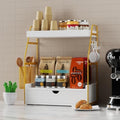 2 Tier Bathroom Counter Organizer with Drawer & Basket, Wooden Vanity Tray Countertop Shelf Accessories for Makeup Storage, Coffee Bar Station, Perfume Skincare, Kitchen, Bedroom (White) by Agotglmi