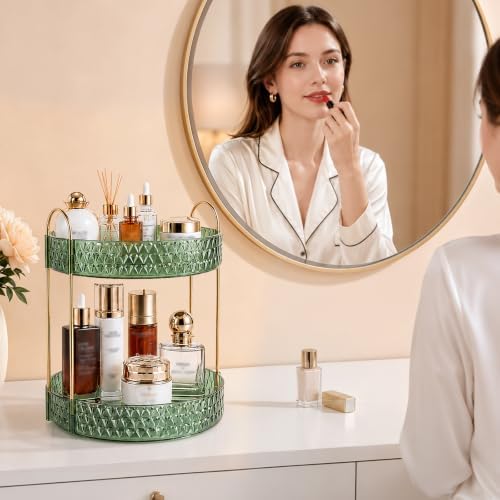Large Capacity Rotating Makeup Organizer Perfume Stand Holder, 2 Tier Green - Image 4