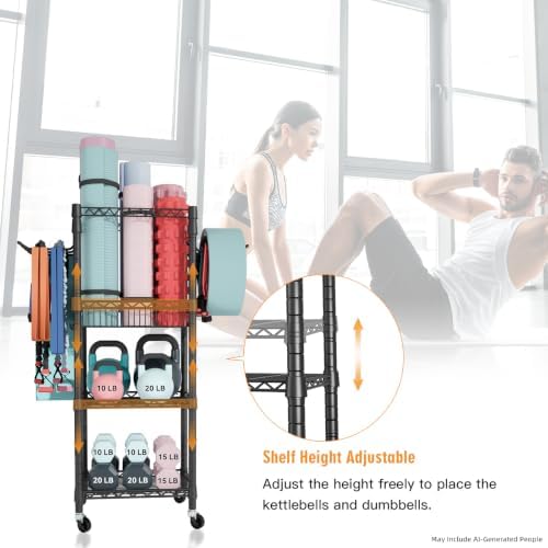 FUTASSI Home Gym Storage, 3 Tiers Workout Equipment Organizer with Wheels for Yoga Mats, Foam Roller, Dumbbells, Kettlebells, and Resistance Bands - Image 4