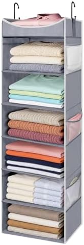 6-Shelf Hanging Closet Organizer and Storage with Side Pockets, Collapsible Closet Hanging Shelves for Storage, Grey by ROOMTALK