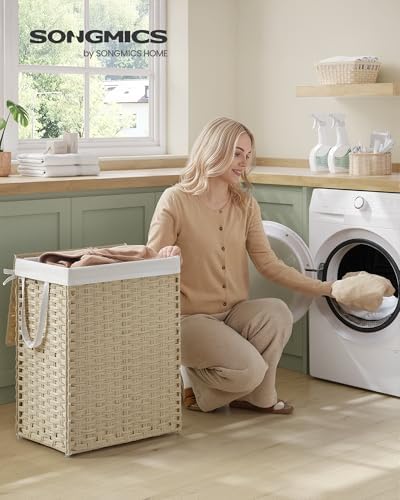 SONGMICS Laundry Hamper with Lid, 23.8 Gal (90 L) Synthetic Rattan,Foldable - Image 2
